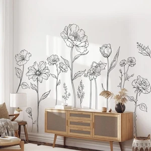 Large Black Boho Flower Wall Decals, 3 Sheets Simple Sketch Floral Wall Stick... - Picture 1 of 5