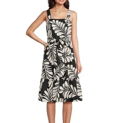 Vestido recto Anne Klein para mujer 14 tropical palma cuello cuadrado sin mangas lino boho Foto 1 de 4