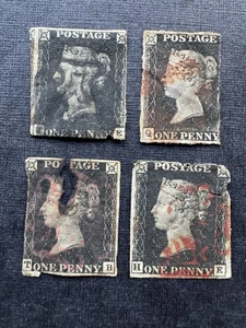 GB 4 Victorian Penny Black Stamps in Various Condition - Picture 1 of 10