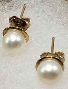 Vintage massive 14k Gold 6,4 mm Perlen Ohrstecker gestempelt 585 Europa 1,5 Gramm  - Bild 1 von 12