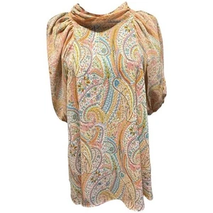 Anthropologie Entro Blouse L Pastel Paisley Puff Sheer Sleeve Open Back Tie EUC - Picture 1 of 7