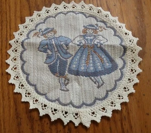 Austria Blue Tapestry Style Dancing Boy Girl Lace Edge Doily 8'' - Picture 1 of 1