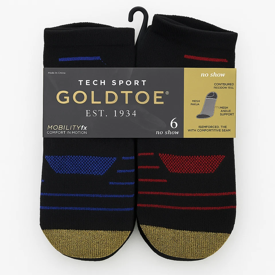 6 pares de calcetines tecnológicos deportivos Gold Toe No Show negros/grises con detalles rojo-azul 6-12,5 Foto 1 de 1