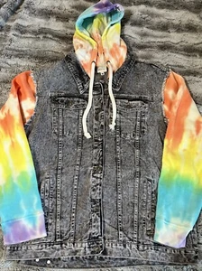 Sew In Love Tie Dye Denim Jacket With Knit Sleeves and Hood Size 2XL - Picture 1 of 12