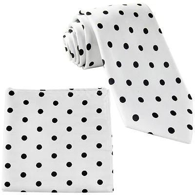 New Men's Polyester Woven Necktie & Hankie Polka Black Dots white tie formal - Image 1 of 3