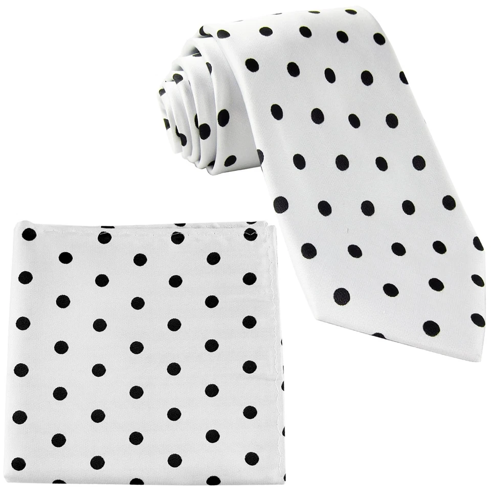 New Men's Polyester Woven Necktie & Hankie Polka Black Dots white tie formal - Image 1 of 3