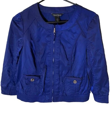 White House Black Market 女式海军风西装短缎面夹克修身 4 码 — 第 1/4 张图片