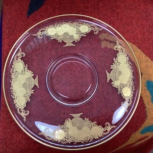 Vintage Mid Century-large round Clear Glass Serving Tray Gold Grecian Urn Design - Picture 1 of 6