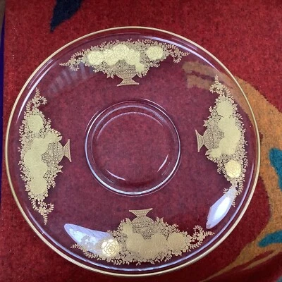 Vintage Mid Century-large round Clear Glass Serving Tray Gold Grecian Urn Design - Image 1 of 4