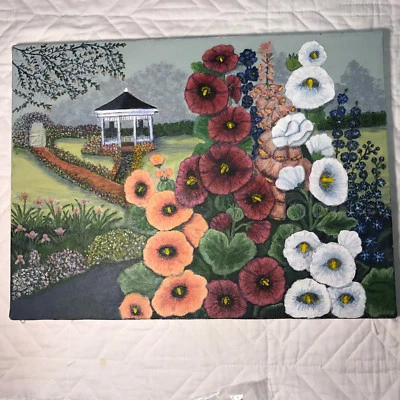 Hollyhock Jardín Floral Paisaje Original PINTURA Flores Pintadas a Mano Foto 1 de 4