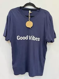 Navy T Shirt Large Blue GOOD VIBES Recycled Material Eco Friendly Salvage New - Picture 1 of 7