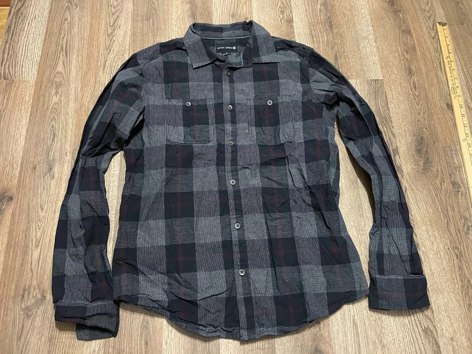 Camisa Ocean Current, para hombre talla pequeña, negra gris, cuadros, abotonada, manga larga Foto 1 de 4