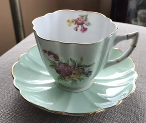 Victoria C&E Bone China England Tea Cup & Saucer Mint Green Floral, Gold Trim - Picture 1 of 10