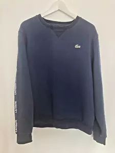 Lacoste Sweatshirt Navy Blue Sport Jumper Branded Logo Tape Trim Mens Large - Picture 1 of 6