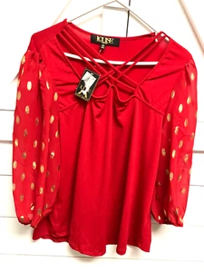 WOMENS BEAUTIFU LOUISE PARIS RED GOLD LONG SLEEVED BLOUSE SIZE 1X - Picture 1 of 4