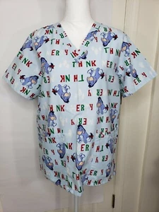 DIsney Eeyore Think Merry Christmas Women’s Scrub Top Size Small Skyline Blue - Picture 1 of 8