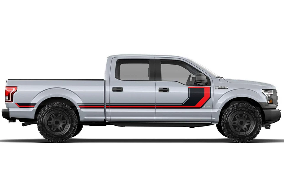 Calcomanía de vinilo envolvente RALLY STRIPE 2 para Ford F-150 15-17 NEGRO + ROJO SuperCrew 6,5 platón Foto 1 de 2