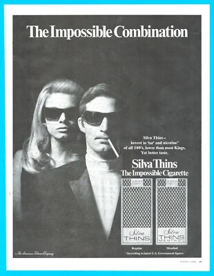 1969 Silva Thins cigarrillos anuncio impreso gafas de sol oscuras misterioso fumar tabaco Foto 1 de 3