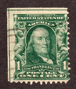 US # 300 (1902) 1c - EFO: Guide Line Cross with 4 Corner. 1/400 Scarce!! - Picture 1 of 3