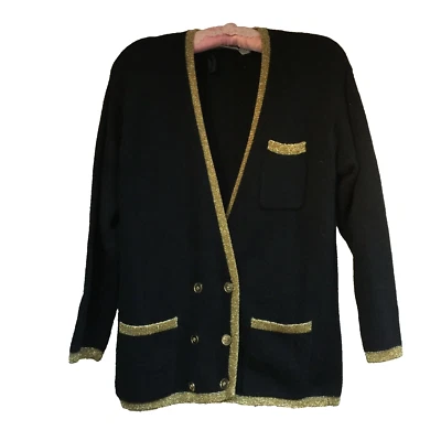 Blazer Cárdigan Liz Claiborne Para Mujer Negro Dorado Lana de Cordero Tejido Angora PS Informal Foto 1 de 4