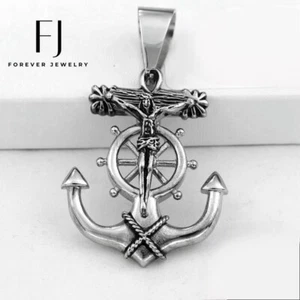 Herren Edelstahl, Silber, Jesus Christus, Anker 60mm Anhänger * Unisex + Box - Bild 1 von 2