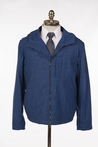 NUEVO CON ETIQUETAS $2495 ISAIA NAPOLI Chaqueta con Capucha de Lana-Seda-Lino a Rayas Azul M (EU 50) - Imagen 1 de 12