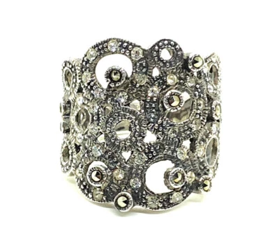 (TALLA 7) ANILLO GRUESO CÍRCULOS MARCASITA Banda Ancha Piedras Circonita 925 PLATA ESTERLINA  Foto 1 de 4