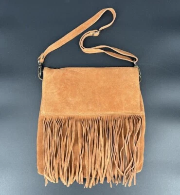 Bolso Bandolera J Peterman Marrón Gamuza con Detalle de Flecos Boho Hobo Mailbag Italia Foto 1 de 4