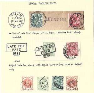 GB IRELAND LATE FEE POSTMARKS 1889-1909 6 ITEMS 8 STAMPS - Picture 1 of 1