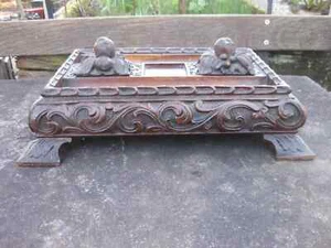 Large Antique Desk Tidy / Pen Holder ~ Carved Wood ~ Fruit Finial Lids - Picture 1 of 18
