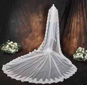 Bridal Wedding Veil Cathedral Length All Round Applique Edge Lace Without Comb - Picture 1 of 8
