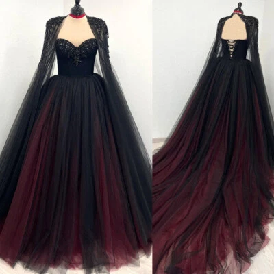 Gothic Wedding Dresses with Cape Black and Burgundy Lace Appliques Bridal Gowns - Image 1 of 4