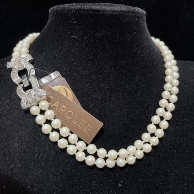 NUEVO CON ETIQUETAS Collar Carolee Doble Hilo Imitación Perla Art Deco Cristal Estrás F8 Foto 1 de 4