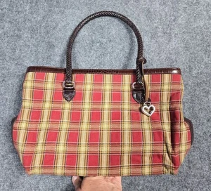 Brighton 90s Plaid Red, Brown & Cream with Leather Trim Shoulder Bag - Picture 1 of 14