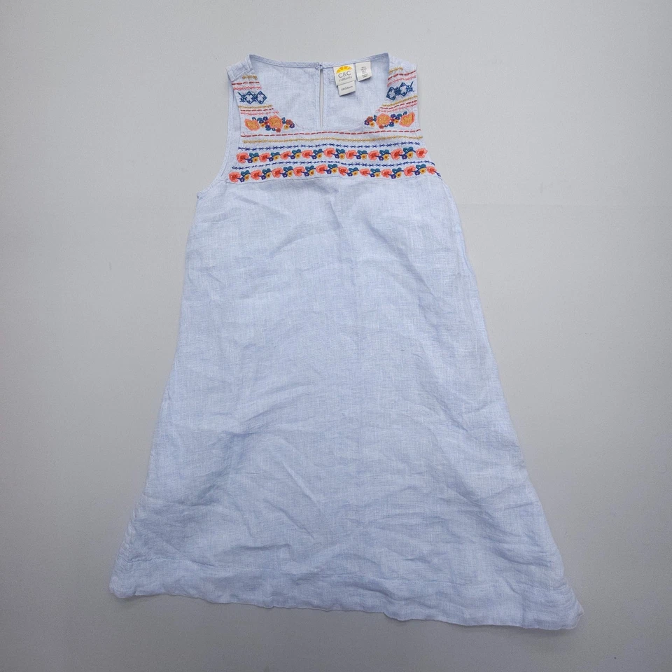 Vestido de lino C&C California para mujer pequeño azul bordado floral costero playero Foto 1 de 4