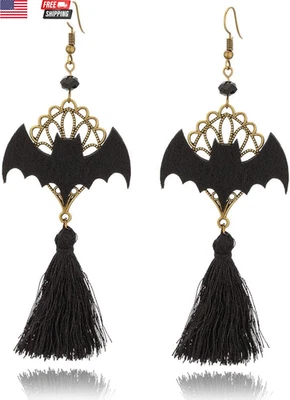 Black Bat Tassel Earrings for Women, Punk Gothic Lolita Retro Jewelry Halloween  - Image 1 of 4