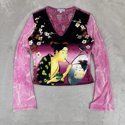 Blusa De Colección Años 90 Rampage Japonesa Geisha Estampado Arte Mujer M Rosa Usada Recortada Foto 1 de 4