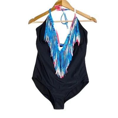 NUEVO OP Rojo Blanco Y Azul FRINGE Una Pieza Negro Traje De Baño Juniors L (11-13)   Foto 1 de 4