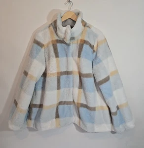 Colleen Lopez Glockenärmel Kunstfell Jacke mit Taschen - eisblau kariert Größe 1X - Bild 1 von 14