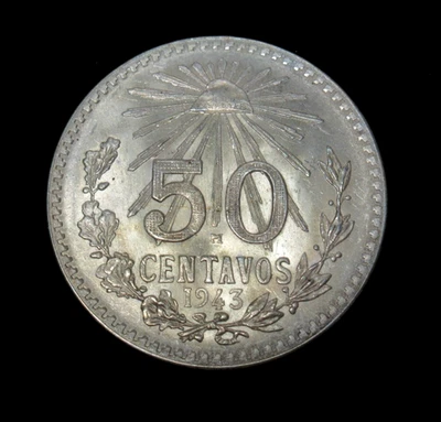 Moneda de Plata México 1943 M 50 Centavos Elección BU Tonificación Original Foto 1 de 2