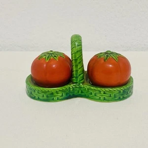 Set of Tomato Shaped Salt & Pepper Shakers with Green Basket-Weave Holder~Japan - Picture 1 of 11