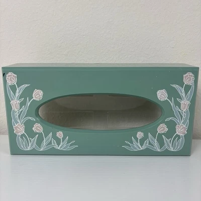 Porta pañuelos de plástico verde menta vintage pintado floral rosa blanco MCM Jolo Corp Foto 1 de 4