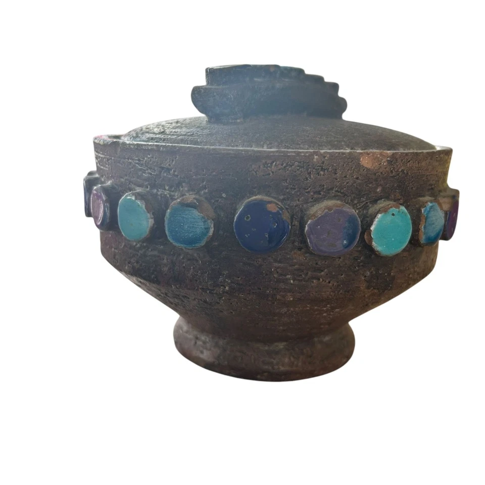 Cuenco cubierto con tapa de disco aplicado de cerámica MCM Bitossi #875 Italia Aldo Londi Foto 1 de 4