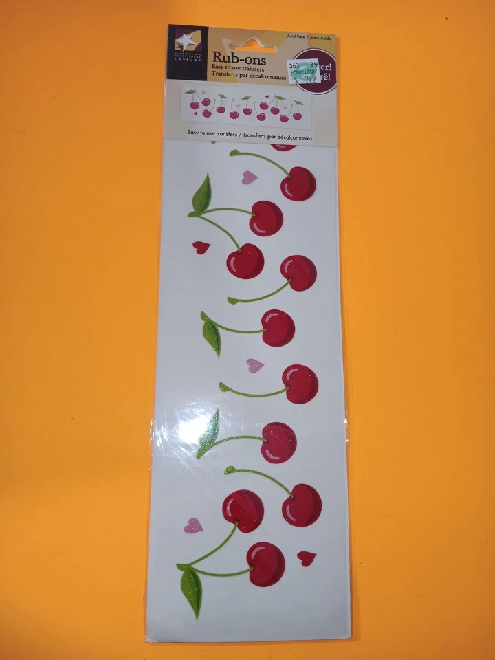 Hoja de transferencia de cerezas Rub-Ons álbum de recortes calcomanías cerezas rojas corazones conjunto artesanal Foto 1 de 1