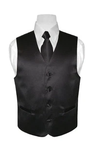 BOY'S Dress Vest & NeckTie Solid BLACK Color Neck Tie Set for Suit / Tux size 12 - Picture 1 of 3