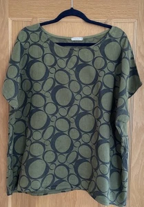 ITALIAN ANNA MELAN 100% LINEN BATWING SHORT SLEEVE TOP SZ 2X UK 20 GREEN BLACK - Picture 1 of 3