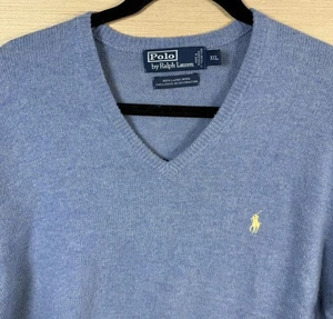 Polo Ralph Lauren Pullover Herren 2XL Blau V-Ausschnitt 100% Lammwolle Pulli Vintage - Bild 1 von 5