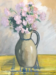 Bouquet De Fleurs Dans Un Vase, Gouache Signée Et Datée 1949, Peinture, XXe - Imagen 1 de 4