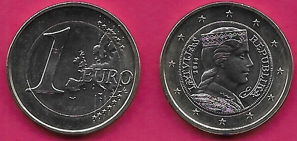 LATVIA 1 EURO 2014 UNC A LATVIAN FOLK-MAID IN PROFILE,ORIGINALLY DEPICTED ON THE - Image 1 of 1