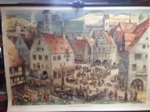 Alte Schulkarte Schule Schautafel Lehrkarte Mittelalterliche Stadt - Bild 1 von 1